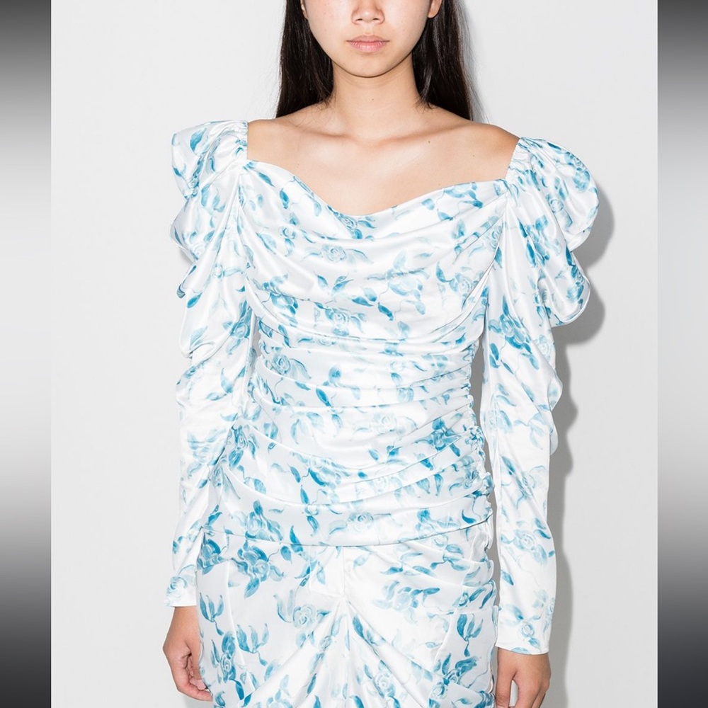 Yuhan Wang rose-print draped blouse in Satin - white w/baby Blue flowers - L